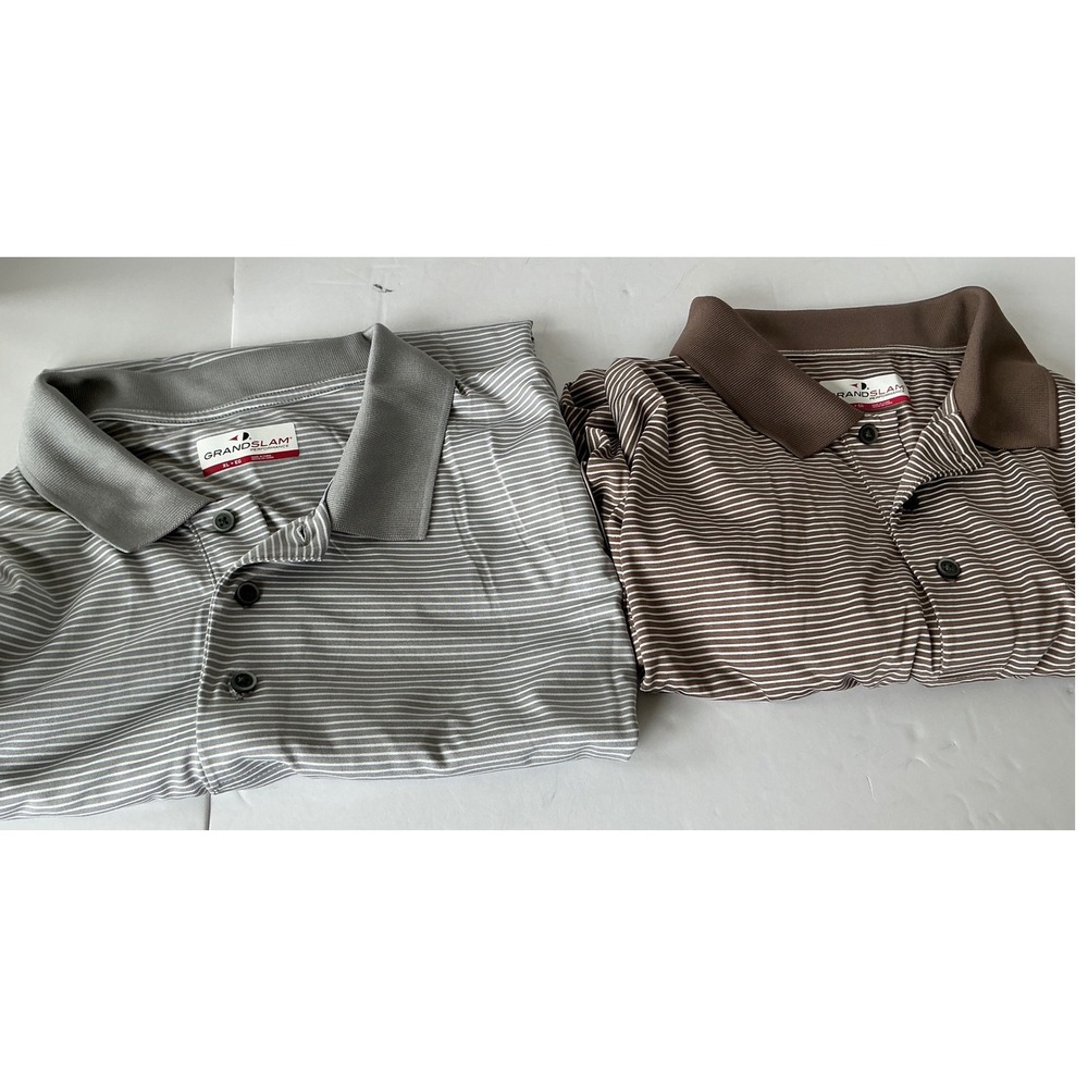 Grand Slam Polo Shirt Lot 2 Striped Performance Golf XL Gray Brown Men Short Slv